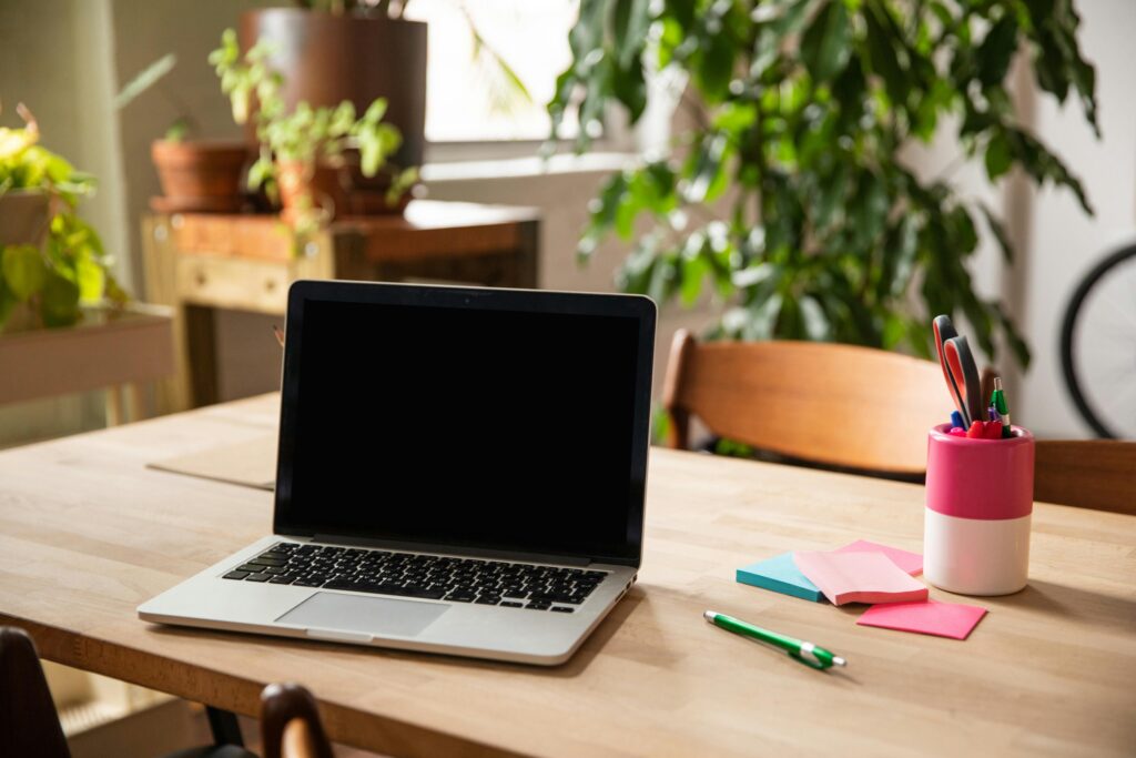 Comfortable home office setup featuring a laptop, house plants, and stationery on a wooden desk.